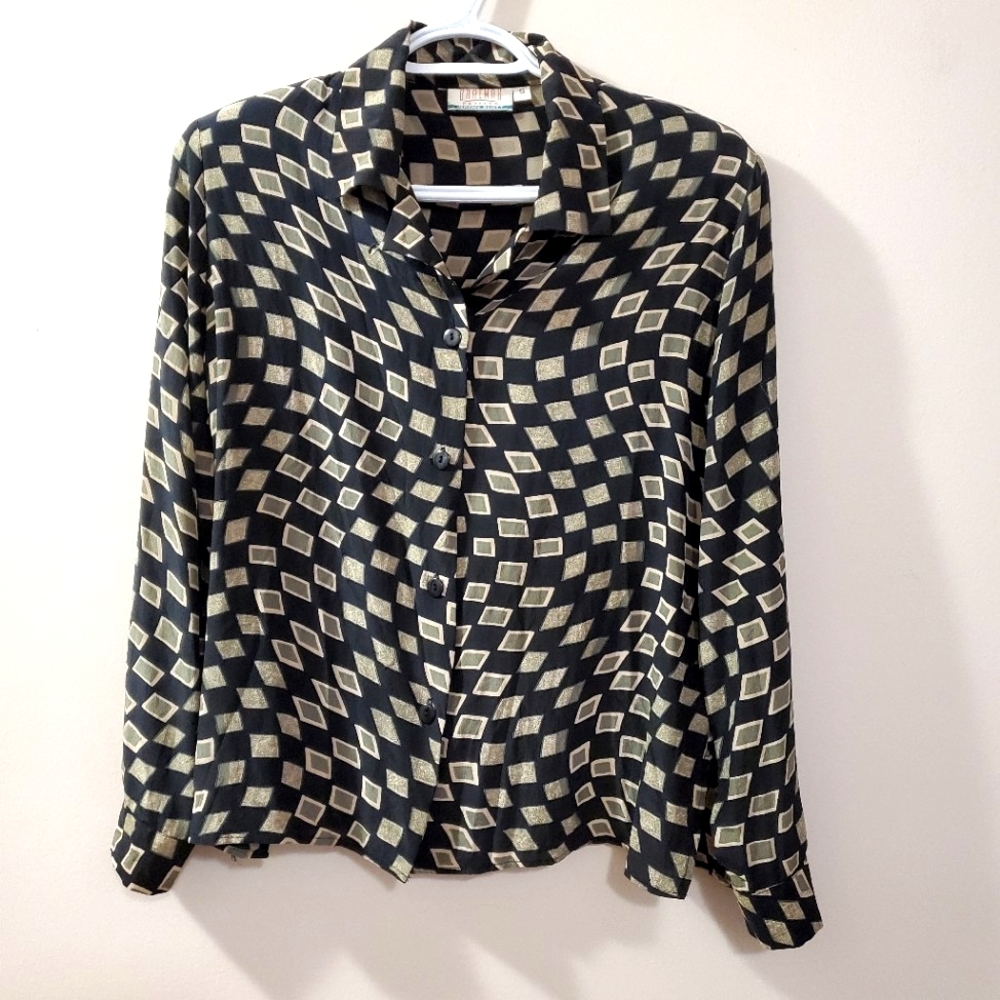 Vintage Braemar by Jeremy Scott - 100% Silk Blouse with Wavy Print - Size S
